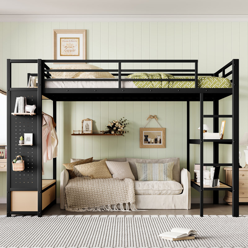 Queen Size Metal Loft Bed with Wardrobe, Storage Shelves & Pegboard – Space-Saving Kids Bedroom Bed, Black, Queen 
