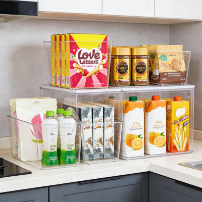Bacs de rangement en plastique transparent avec poignées, paquet de 12 organisateurs de garde-manger pour armoires de cuisine, congélateur, placard et salle de bain sous le lavabo, sans couvercle