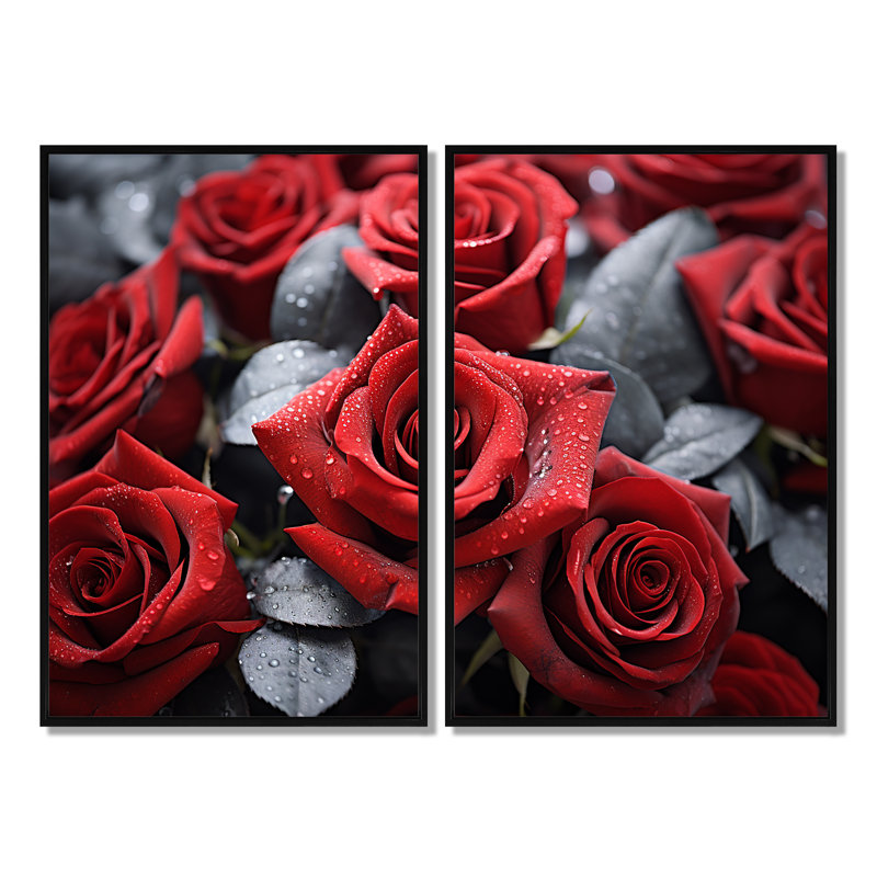 Ensemble de 2 impressions sur toile Red Gray Rose, Impression encadrée flottante sans passe-partout, Noir, H 36 po x l 48 po