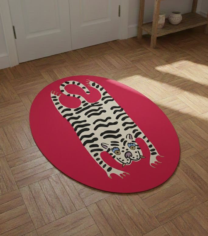 4' x 6' Machine Washable 100% Cotton Playful White Tiger Oval Raspberry Red Area Rug