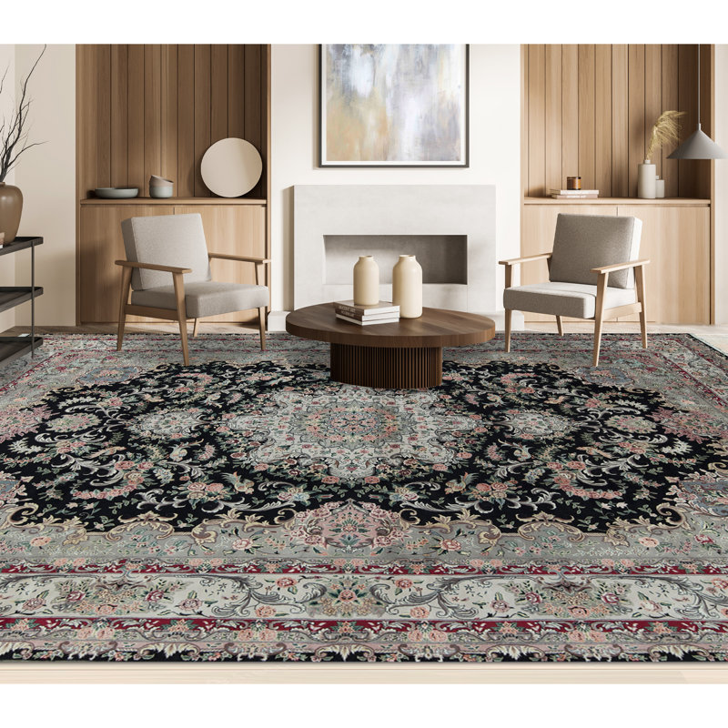 Wool Oriental Area Rug in Black/Light Green/Pink
