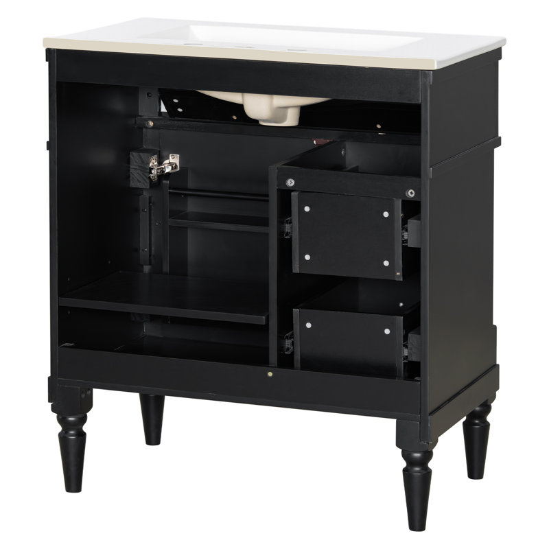 30"W Freestanding Bathroom Single Vanity with Drawers and An Adjustable Shelf, Black, Gold