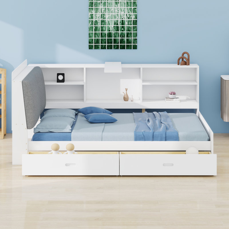 Canapé-lit multifonctionnel avec tête de lit rembourrée, deux tiroirs, tablettes et plateau de rangement rotatif, Blanc