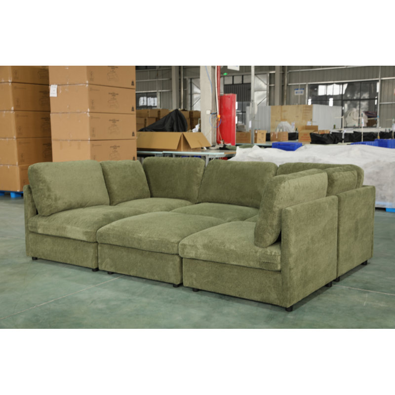 6 Pieces U Shaped Modular Sectional Sofa Sleeper Sofa, Green Polyester Blend, 30.54" H x 99.6" W x 65.35" D