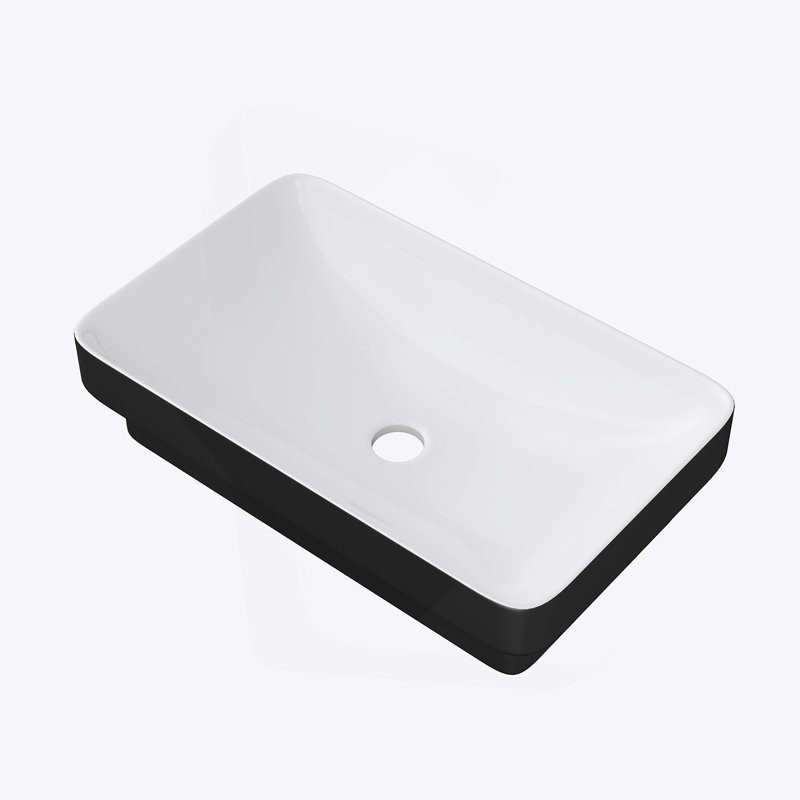 19"X12" White & Black Semi-Recessed Ceramic Bathroom Sink - Countertop Vessel Design