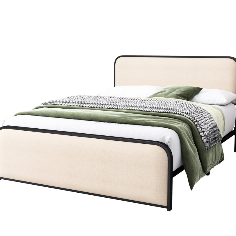 Très grand lit en métal, tête de lit tapissier beige et support robuste, rangement sous le lit avec lattes et beaucoup d'espace
