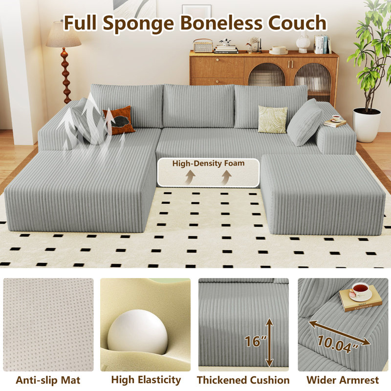 Canapé modulaire Boneless 96 po Cloud Couch, Orienté à gauche (vu de face), Velours côtelé gris pâle