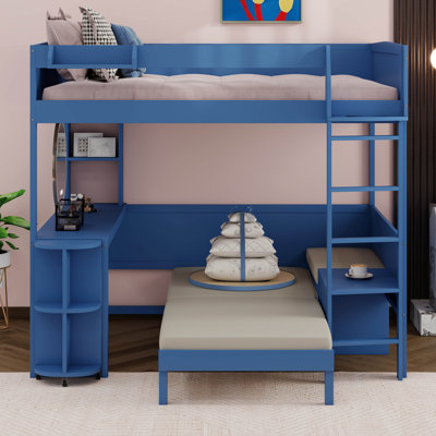 Loft Bed With Extendable Desk And Lights, Wood Loft Bed Frame With Storage Shelves & Padded Foldable Sofa