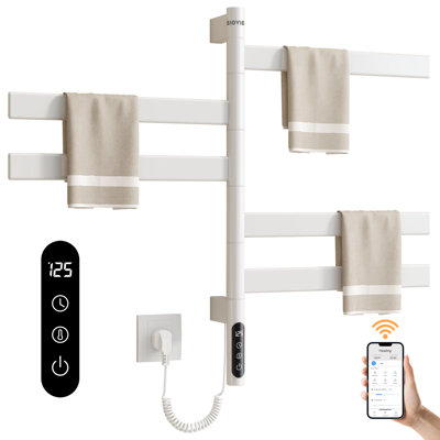 SIOYIE Smart Rotating Heated Towel Rack for Bathroom, 120W Wall-Mounted Electric Towel Dryer with Swivel Bars, 1-24H Timer, 115℉-155℉, Towel Warmer with Wi-Fi App Control, Low Carbon Steel, IPX5, Plug-in/Hardwired, Black