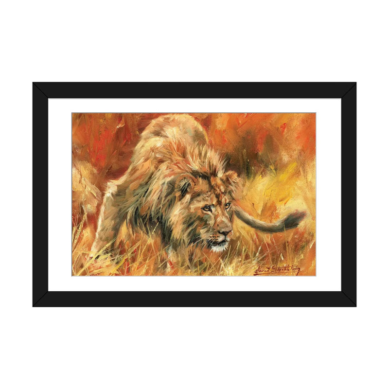 «Lion Alerte», reproduction d'impression sur toile, H 24 po x l 32 po x P 1 po, Papier d'art encadré noir, Blanc