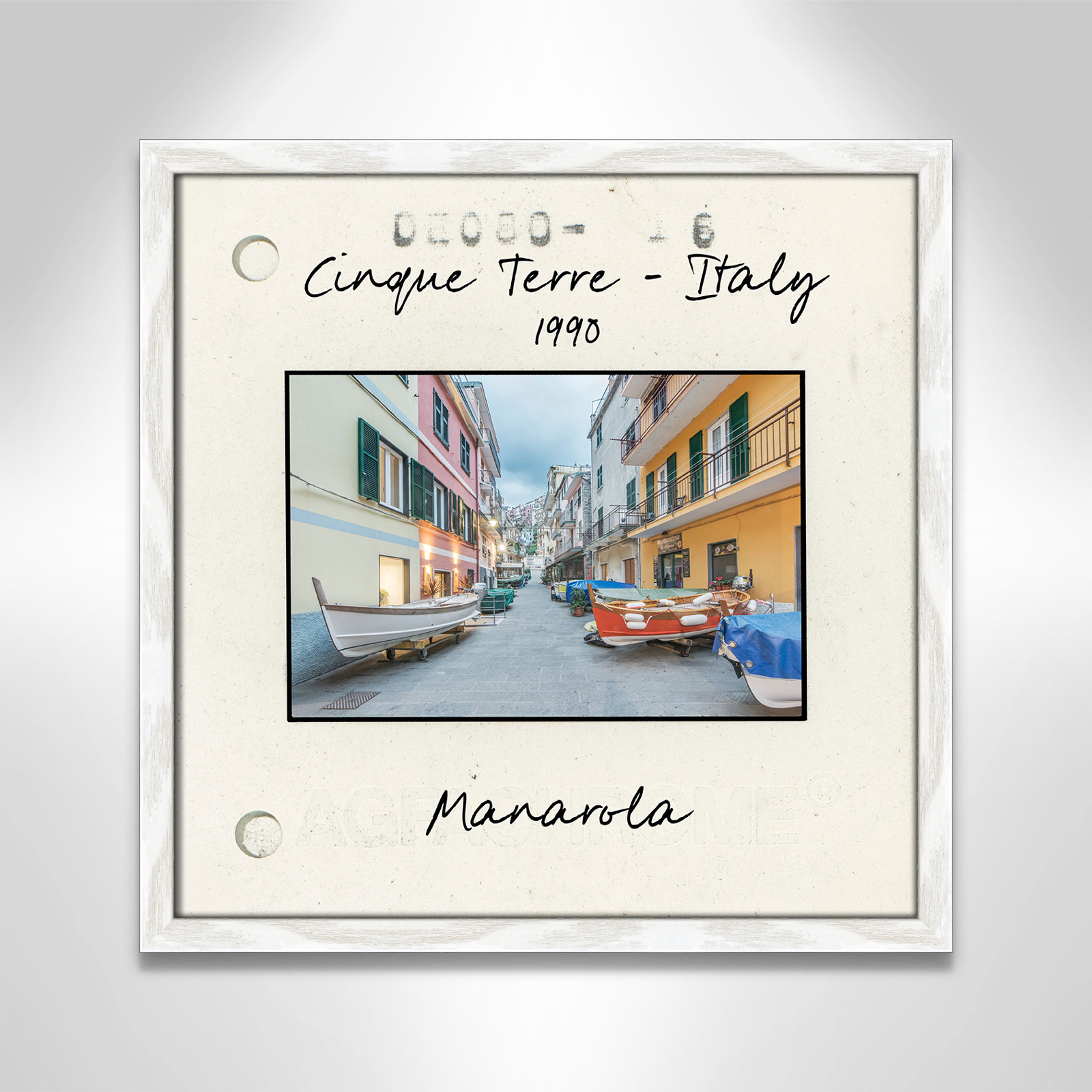 Travel Slide Collection "Cinque Terre - Manarola" Print, 17" H x 17" W x 0.75" D, White Single Picture Framed Paper