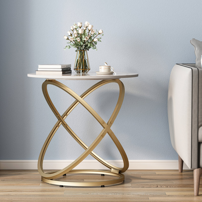Rochdale Round End Table with Modern Style, White/Gold