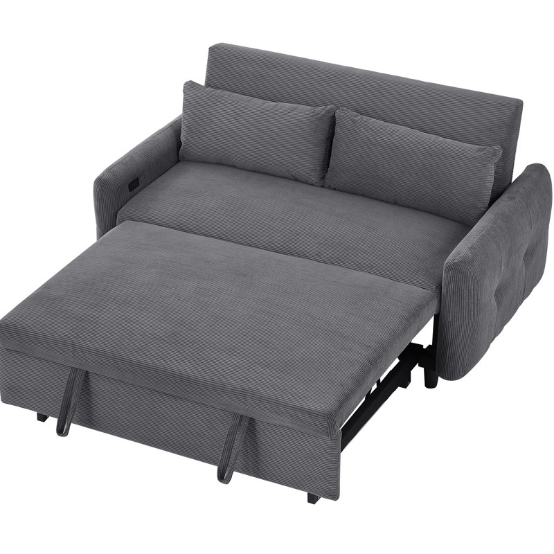 Dark Grey Bed With Foam Padding And Port, 57.24 57.24" Two Throw Pillows Corduroy, Ports, Dark Gray