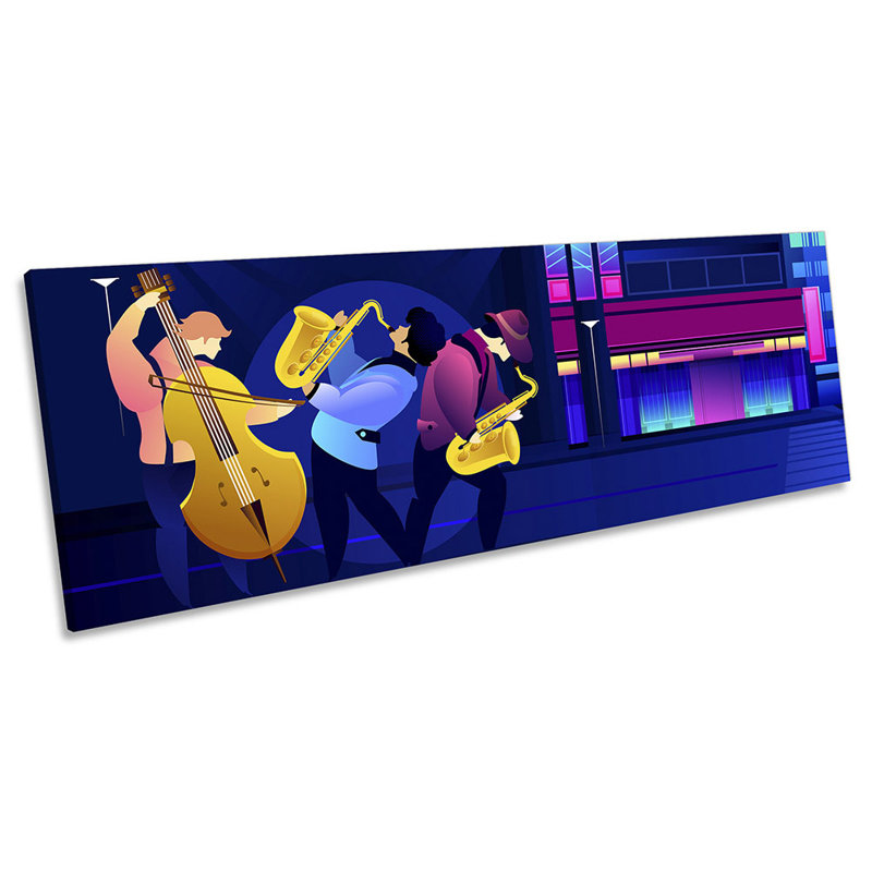 Jazz Street Band Music Night - Wrapped Canvas Panoramic Print, 45.72cm H x 137.16cm W x 2cm D