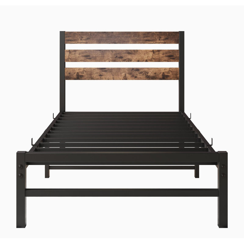 Lit plateforme avec lit en bois et tête de lit rustique, Double, Brun