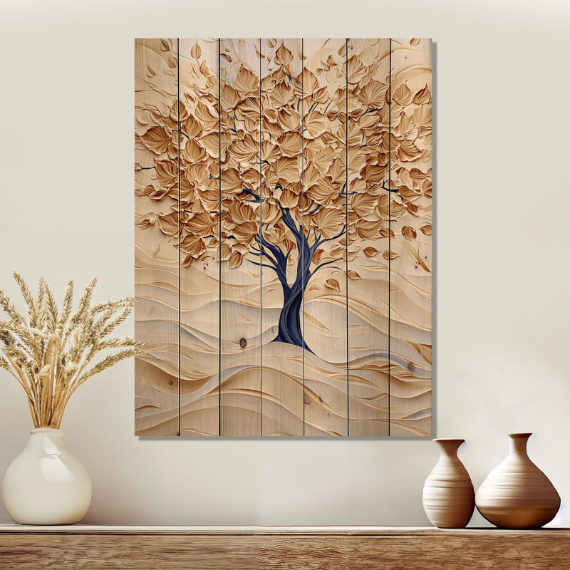 Gold Winter Maple Tree Essence III - Traditional Wood Wall Art On Natural Pine Wood, 20" H x 10" W x 0.78" D