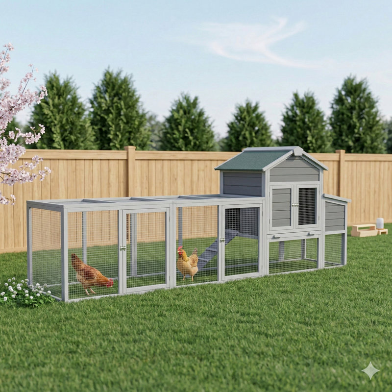 Cage à poulailler et à lapins de 122 po avec compartiment de nidification en bois gris 122 po