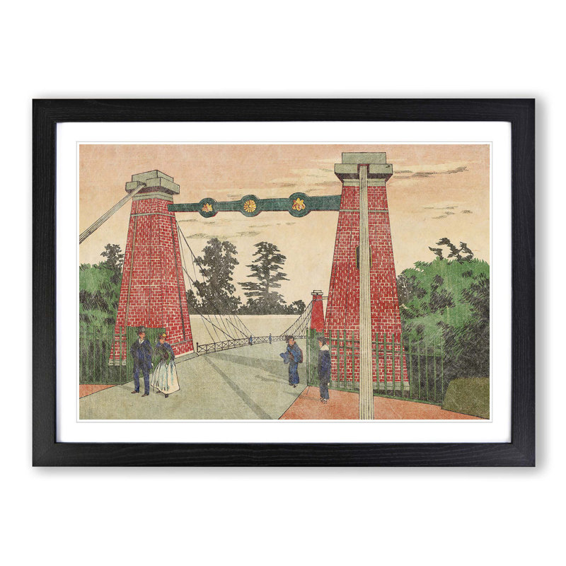 Suspension Bridge by Kobayashi Kiyochika - Picture Frame Painting Print, 27cm H x 36cm W x 2cm D, Black Framed