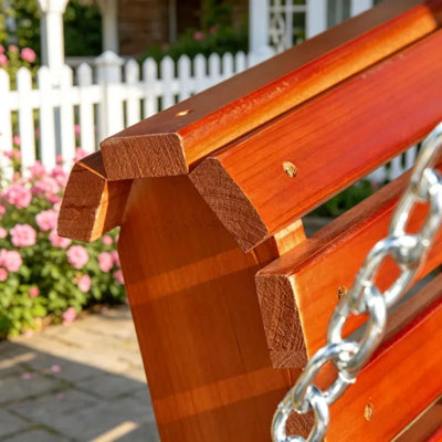 Balancelle de véranda en bois de sapin brun pour 2 personnes, banc de patio extérieur suspendu avec chaînes en métal robustes, porte-gobelets avec accoudoirs, capacité de poids de 440 lb pour le jardin, la piscine et la cour