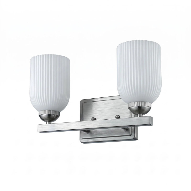 Applique murale de meuble-lavabo 2 lumières avec abat-jour en verre givré nervuré, nickel brossé, Nickel brossé