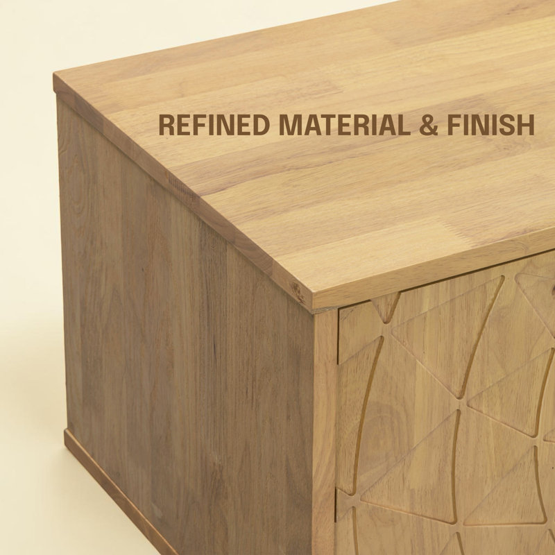Meuble télé en bois massif de 63,5 po pour téléviseur de 75 po ou moins Bloom, console multimédia à 4 portes avec façade radiale sculptée à la main, meuble décoratif sculptural pour espace de vie, assemblage sans effort, sable