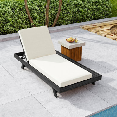 Outdoor Wood Lounge Chaise , Water- Cream Cushion, Slatted Base For Cooling, 4 Recline, Ideal Sunrooms Adjustable Made Of Wood, Ergonomic Design,