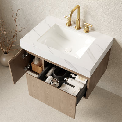 30" Bathroom Vanity&Sink, Floating Plywood Storage Cabinet with Drawer&Door, Carrara White Sintered Stone Top&Ceramic Basin with 3 Pre-drilled Faucet Holes