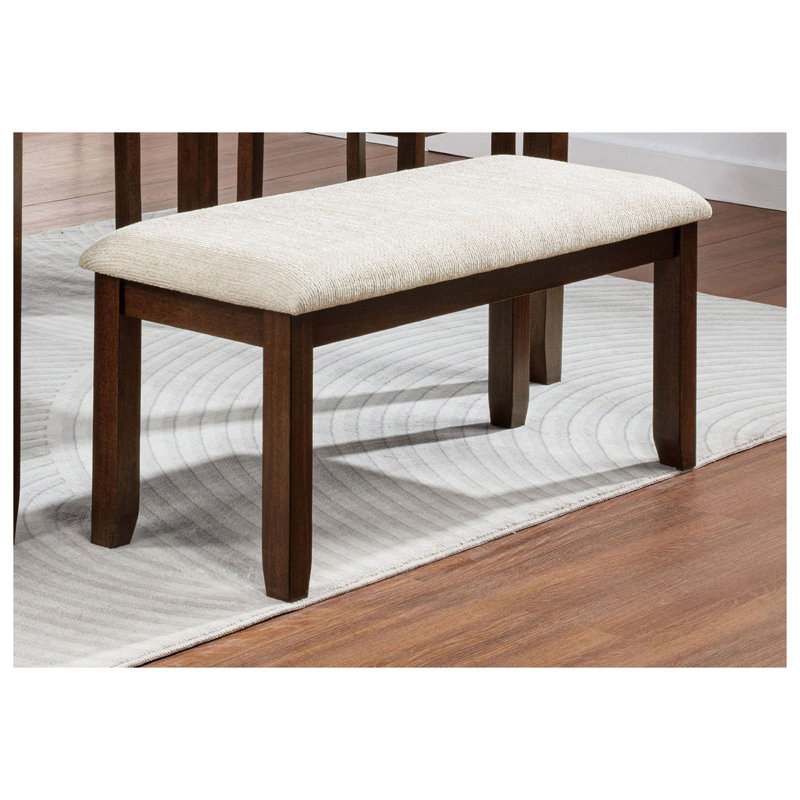 Banc contemporain rembourré en tissu beige avec finition en bois riche