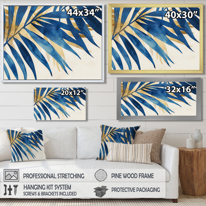 Décoration murale feuilles de palmier bleues et dorées I - Palmiers et palmiers, Cadre simple noir, bois massif