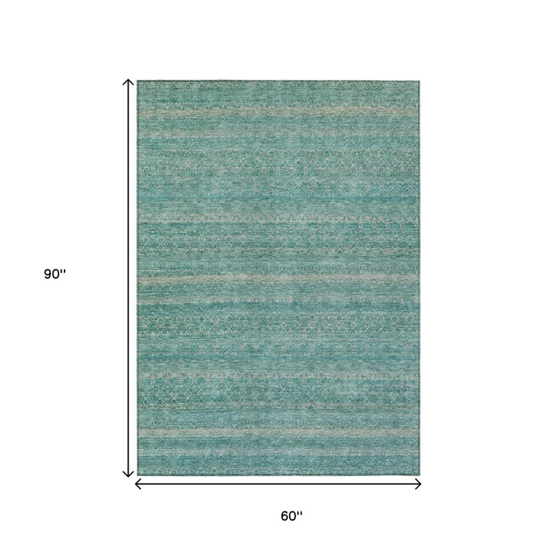 Tapis bleu sarcelle à rayures rayé bleu et beige 5 pi x 8 pi