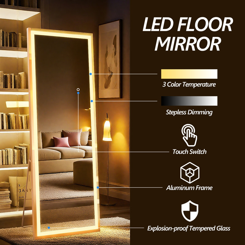 Miroir moderne moderne pleine longueur de 75 po x 28 po avec lumières, miroir complet suspendu