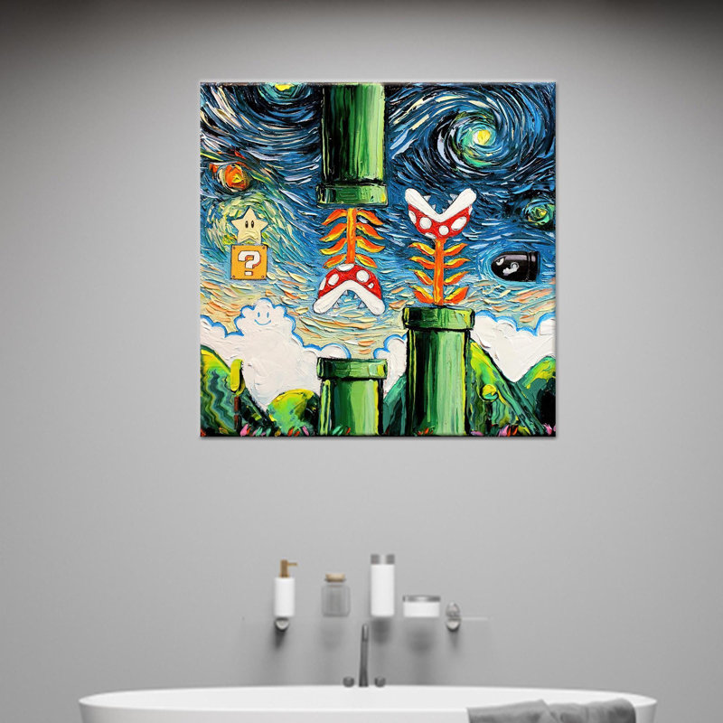 Art mural en verre Starry Night: Toile imprimée par Van Gogh Mario, toile tendue 1P, H: 11,8 po x l: 11,8 po