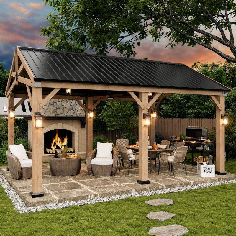 Jolydale Soild Wood Frame Hardtop Gazebo With Galvanized Steel Peak Roof, Suitable For Patios, Lawn And Backyard