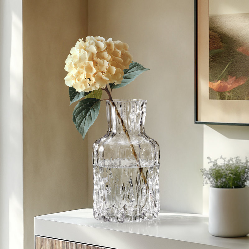 Jhonathon 9" Textured Clear Glass Table Vase, 9.25" H x 5.75" W x 5.75" D, Clear