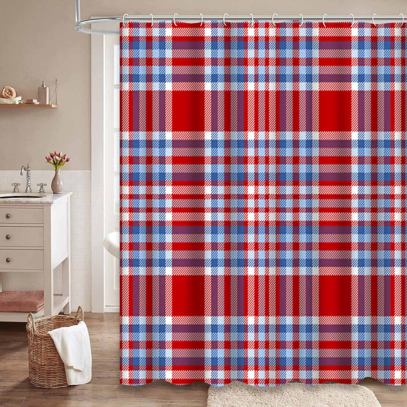 Rideau de douche sans couture à carreaux bleu tartan avec 12 crochets, L 72 po x l 84 po
