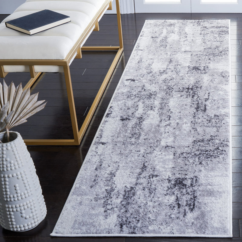 Tapis abstrait gris / ivoire Minyard, Tapis de couloir 2 pi 2 po x 8 pi