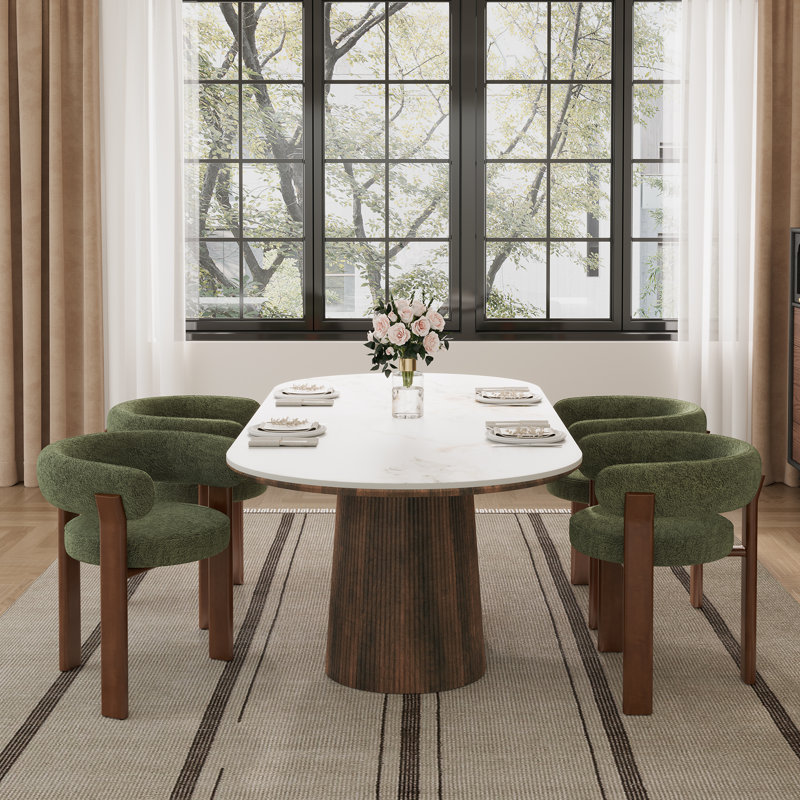 Table de salle à manger ovale Adwin pour 4 personnes (86,61 po) en pierre frittée avec pieds et chaises rembourrées Teddy