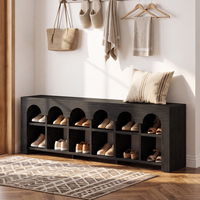 Banc de rangement Rustic Arch, 21" H x 63" W x 11.81" D, Black