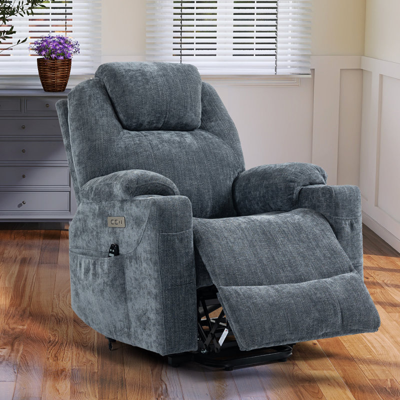Weona 35.43" W Power Recliner, Liftable, Massage, Heater, Cup Holder, Gray Chenille