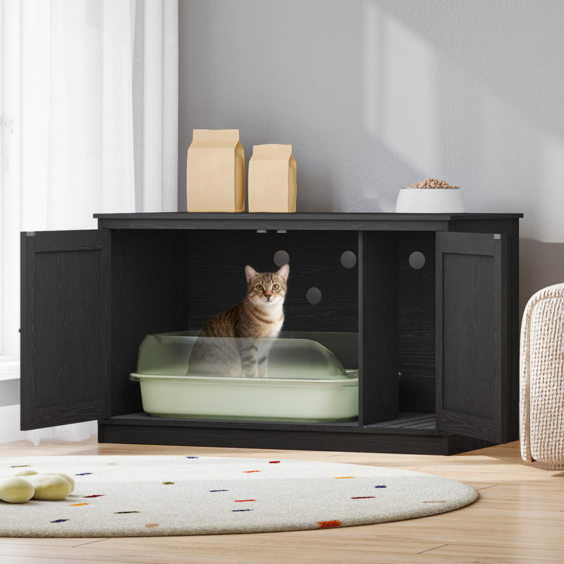 Enceinte de litière pour chat avec coussin, meuble de litière caché avec séparateurs amovibles, entrée réversible à gauche ou à droite, maisonnette pour chat, noir