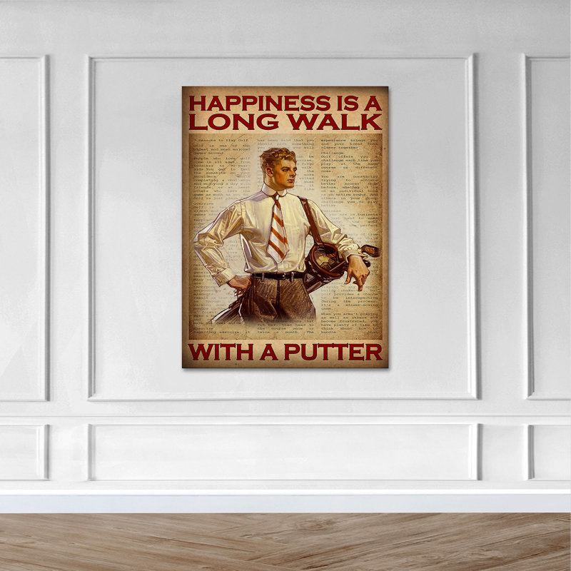 «Golf Man with Putters - Happiness Is A Long Walk», toile tendue avec châssis - Sports Illustration Decor, décor de salon brun