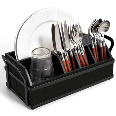 Grand porte-ustensiles de cuisine, organisateur d'ustensiles en bois à 6 compartiments, noir