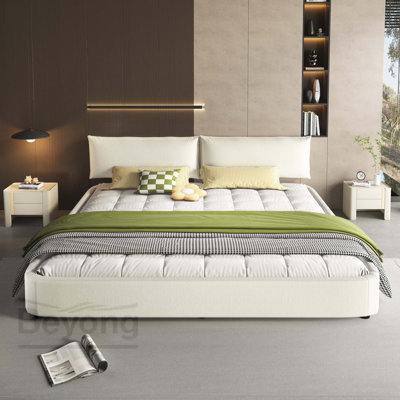 King Size Cloud Bed Frame with Oversized Padded Movable Headboard, Chenille Upholstered Bed with Round Corner,Metal + Solid Wooden Slat Double Support,No Box Spring Needed, Beige/White