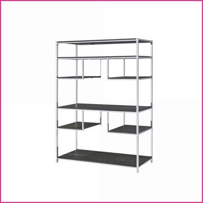 Bookshelf with Rustic Gray Oak Finish &amp; Chrome Metal Frame, 7 Open Shelves | Gray | Chrome