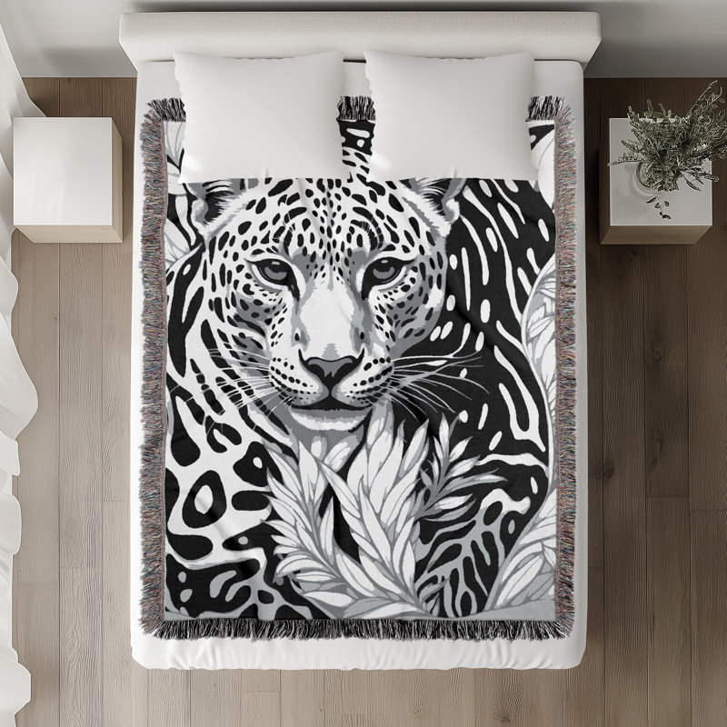 Jeté en mélange de coton léopard Fiero, L 60 po x l 50 po, Noir / blanc cassé