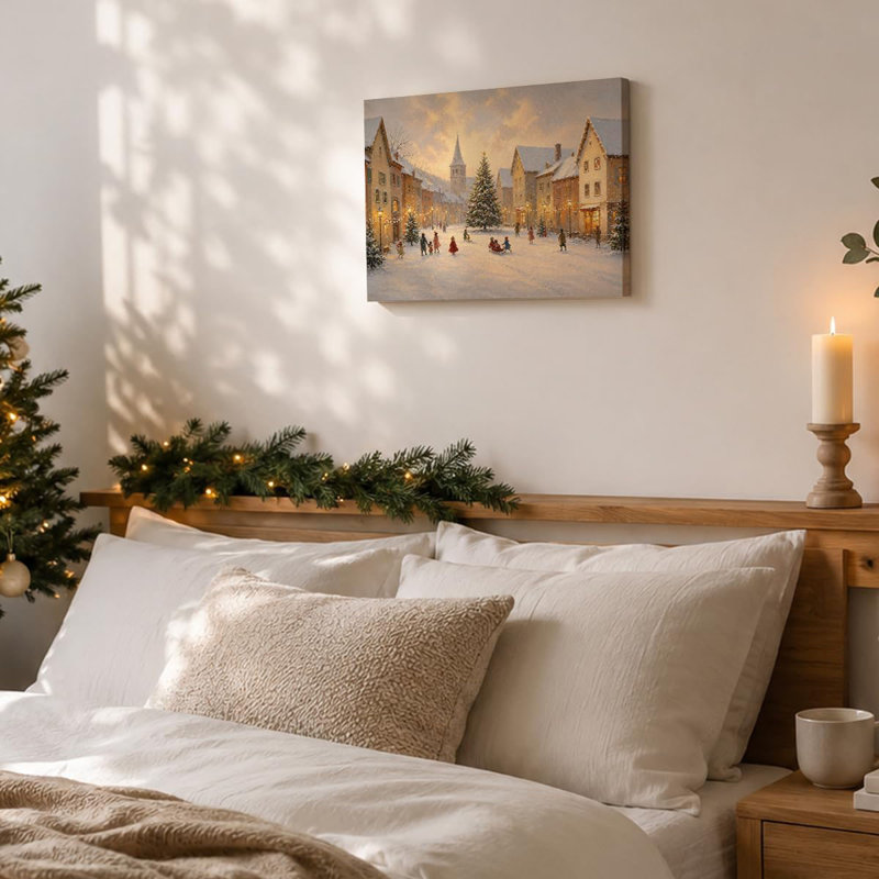 Christmas Village Farmhouse Wall Art Winter Street Canvas Print Framed Snowy European Village Street with Warm Lights, Holiday Decor for Living Room Entryway Office Bedroom 8 x 10 Inch
