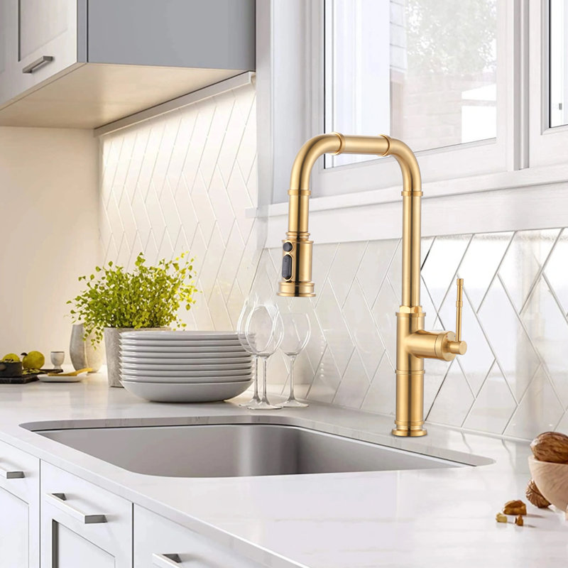 Robinet de cuisine en laiton avec douchette rétractable à 3 fonctions, robinet d'évier de cuisine à poignée simple moderne avec plaque de pont