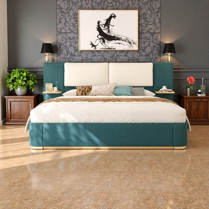 Très grand lit plateforme tapissier avec tablettes intégrées et coins arrondis sans sommier, Très grand lit, Vert
