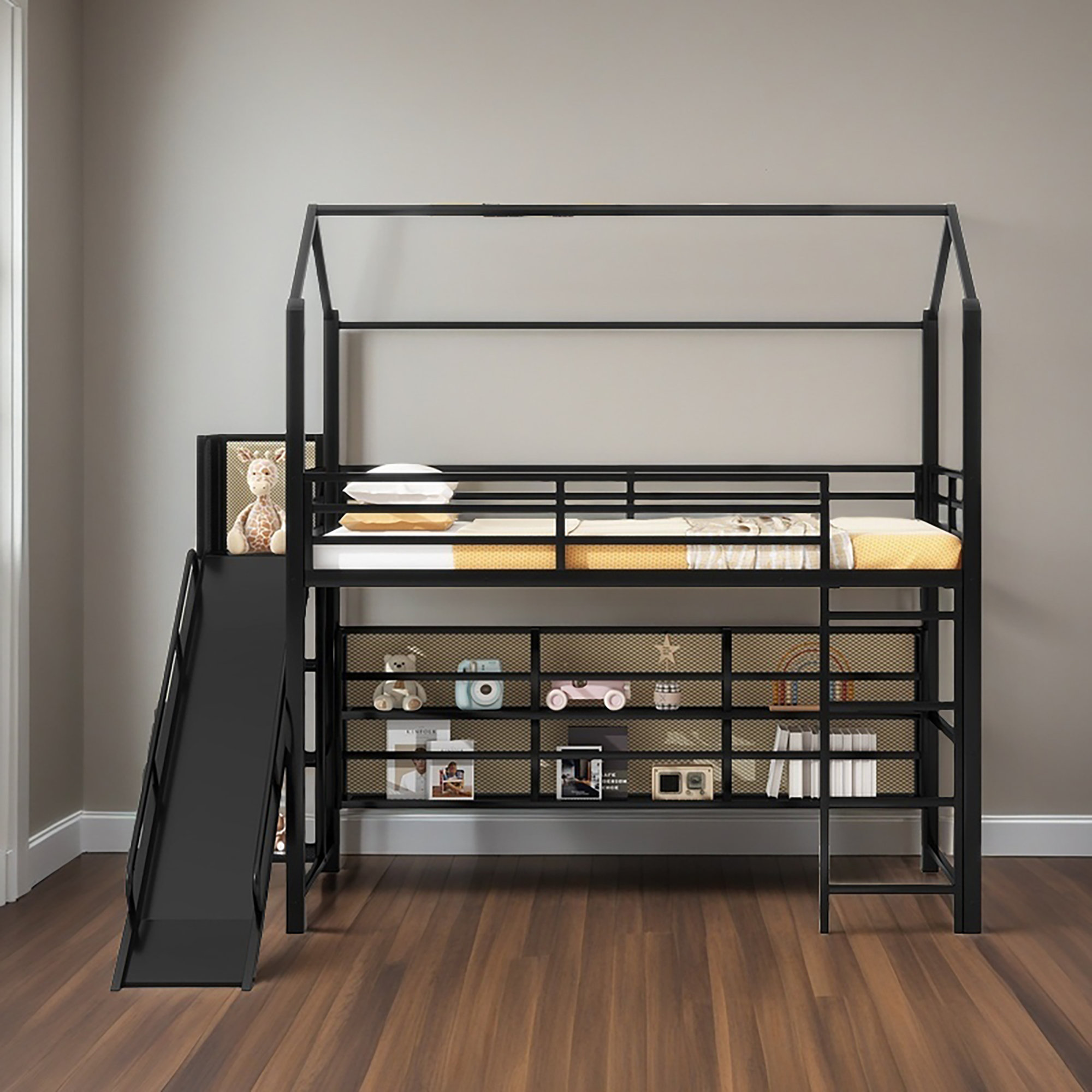 Harper Orchard Twin Size House Metal Loft Bed With Iron Mesh Shelves ...
