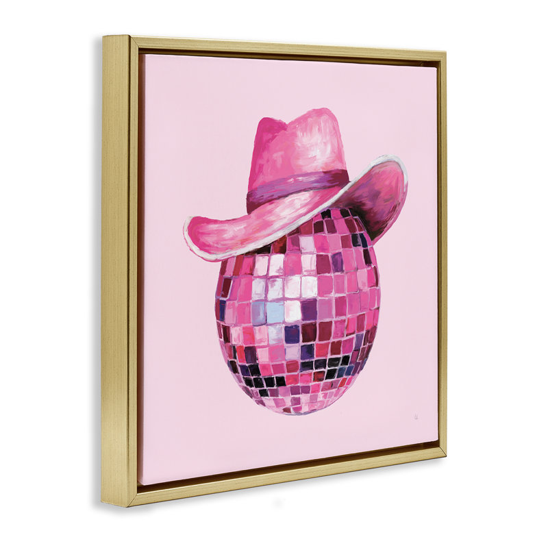 «Cowgirl Hat Disco Ball», art par Sarah Adams, H 25 po x l 25 po, Cadre flottant métallique doré